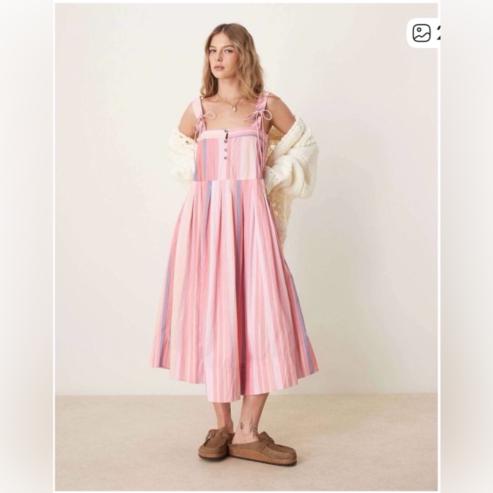 Free People Primavera Stripe Midi Dress Strawberry Combo Pink Rose Sizes M & L